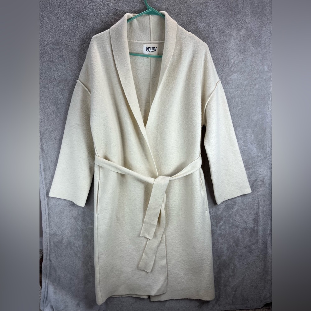 NATION LTD Women's Cardigan Sweater Peruvian Wool Long Line w/ Tie XS Cream